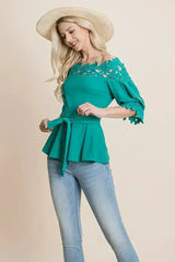 Lace Crochet Self Belted Off The Shoulder Tops with Back Zipper - Femstylo