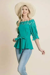 Lace Crochet Self Belted Off The Shoulder Tops with Back Zipper - Femstylo