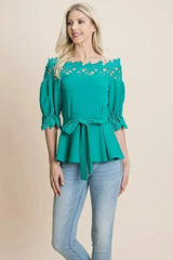 Lace Crochet Self Belted Off The Shoulder Tops with Back Zipper - Femstylo