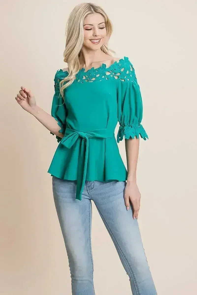 Lace Crochet Self Belted Off The Shoulder Tops with Back Zipper - Femstylo