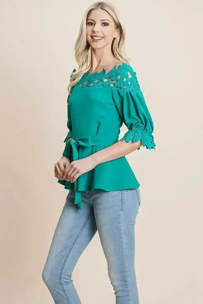 Lace Crochet Self Belted Off The Shoulder Tops with Back Zipper - Femstylo