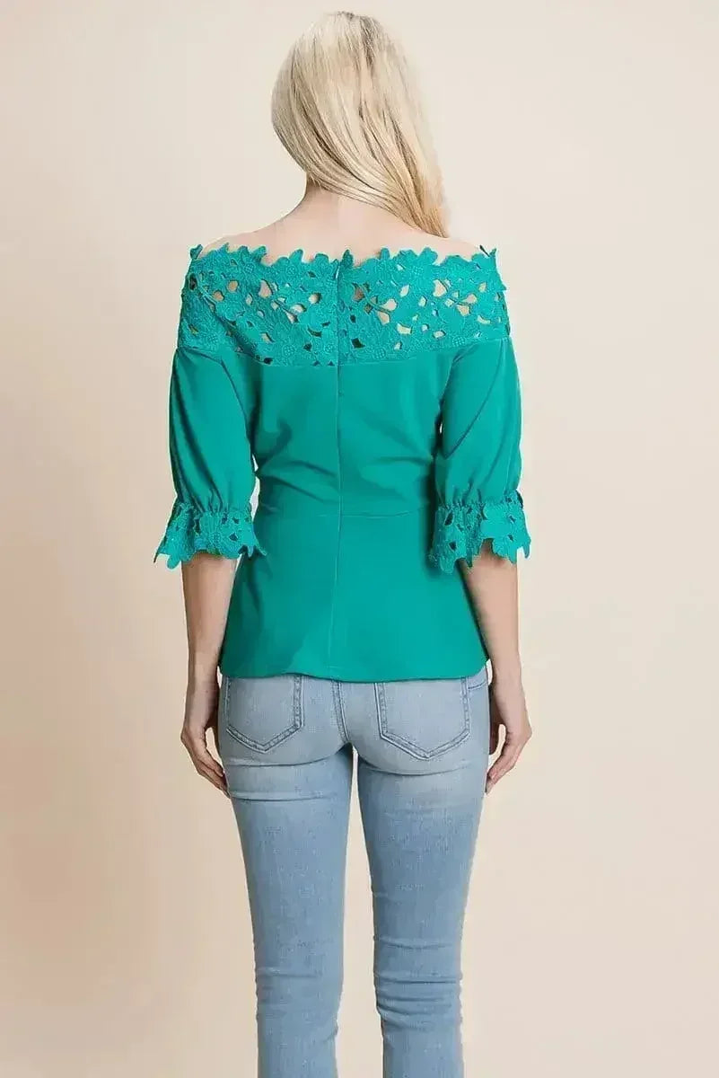 Lace Crochet Self Belted Off The Shoulder Tops with Back Zipper - Femstylo