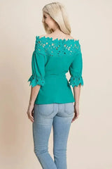 Lace Crochet Self Belted Off The Shoulder Tops with Back Zipper - Femstylo
