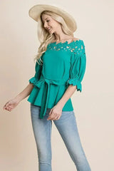 Lace Crochet Self Belted Off The Shoulder Tops with Back Zipper - Femstylo