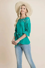 Lace Crochet Self Belted Off The Shoulder Tops with Back Zipper - Femstylo