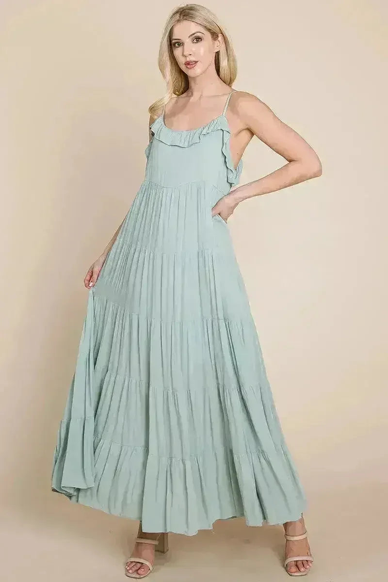 Tiered Tie Strap Cami Maxi Dress - Femstylo