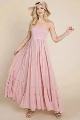 Smocked Flowy Boho Pleated Backless Maxi Dress - Femstylo