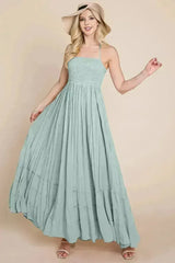 Smocked Flowy Boho Pleated Backless Maxi Dress - Femstylo