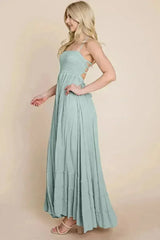 Smocked Flowy Boho Pleated Backless Maxi Dress - Femstylo