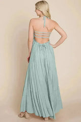 Smocked Flowy Boho Pleated Backless Maxi Dress - Femstylo