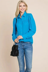 Collared Long Sleeve Pleated Detail Blouse Tops | Femstylo - Femstylo