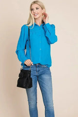 Collared Long Sleeve Pleated Detail Blouse Tops | Femstylo - Femstylo