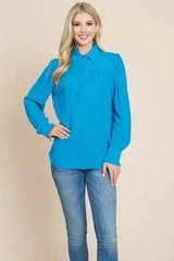 Collared Long Sleeve Pleated Detail Blouse Tops | Femstylo - Femstylo