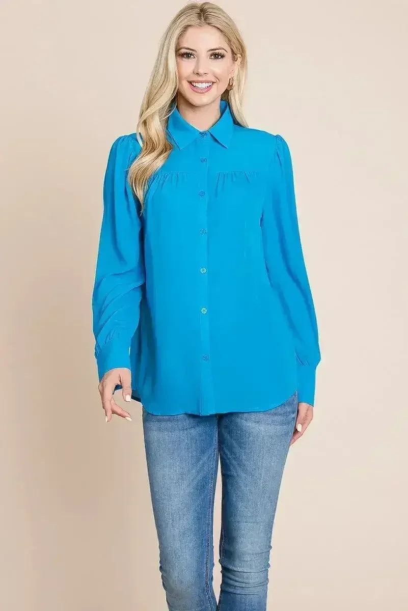 Collared Long Sleeve Pleated Detail Blouse Tops | Femstylo - Femstylo