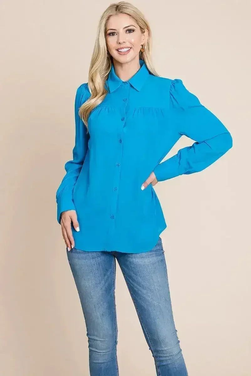 Collared Long Sleeve Pleated Detail Blouse Tops | Femstylo - Femstylo
