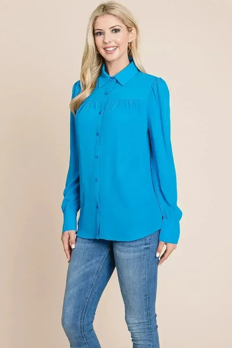 Collared Long Sleeve Pleated Detail Blouse Tops | Femstylo - Femstylo