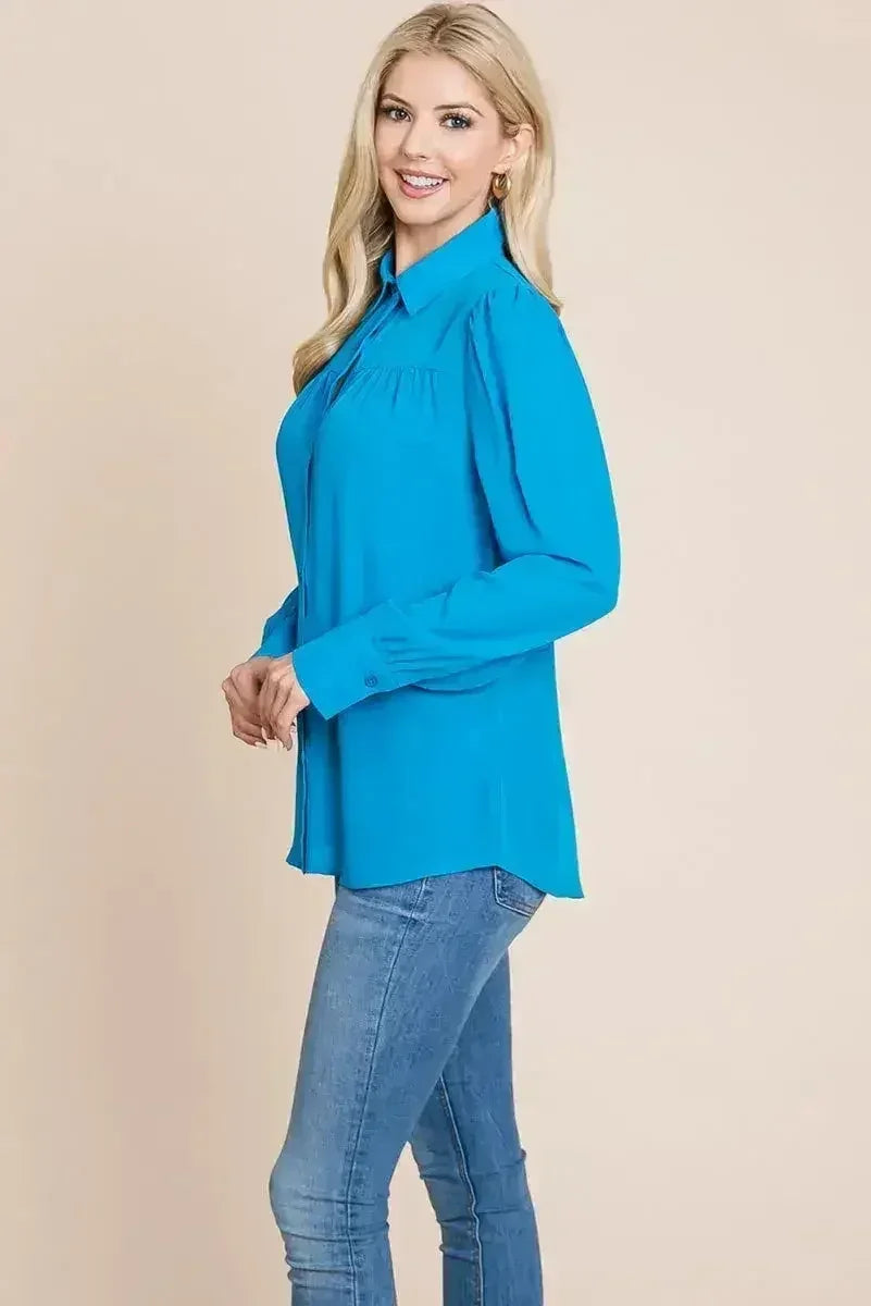 Collared Long Sleeve Pleated Detail Blouse Tops | Femstylo - Femstylo