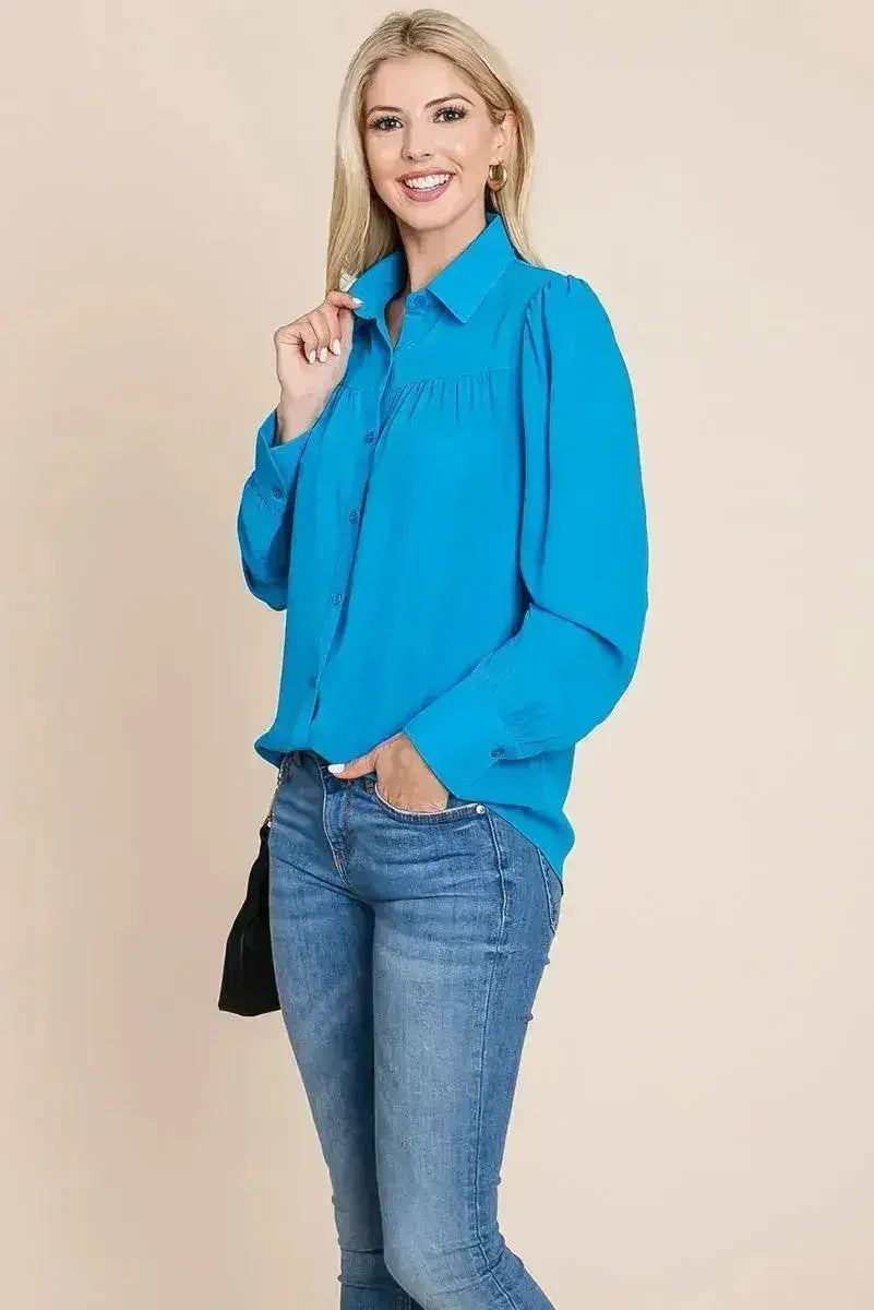 Collared Long Sleeve Pleated Detail Blouse Tops | Femstylo - Femstylo