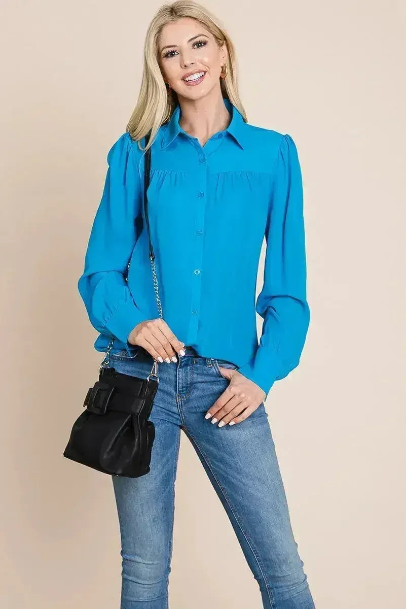 Collared Long Sleeve Pleated Detail Blouse Tops | Femstylo - Femstylo
