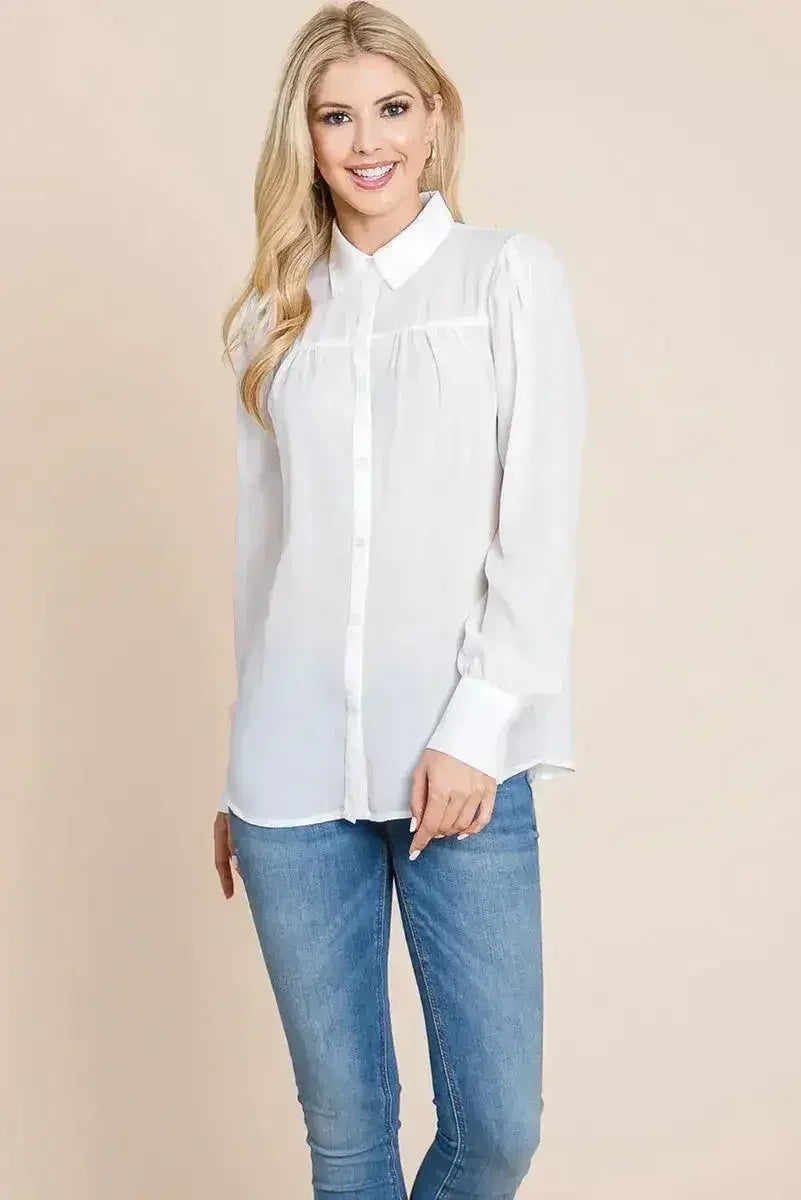 Collared Long Sleeve Pleated Detail Blouse Tops | Femstylo - Femstylo