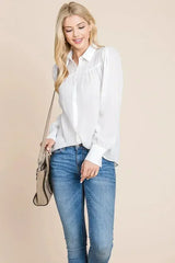 Collared Long Sleeve Pleated Detail Blouse Tops | Femstylo - Femstylo