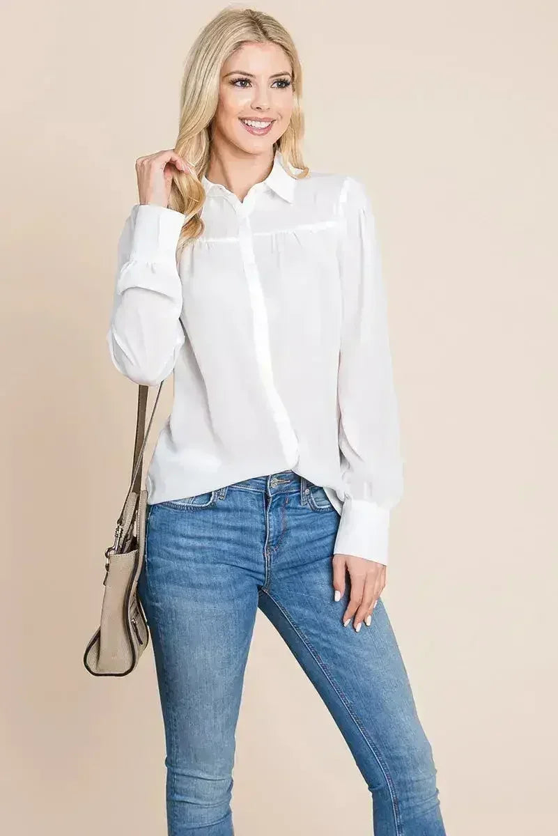 Collared Long Sleeve Pleated Detail Blouse Tops | Femstylo - Femstylo