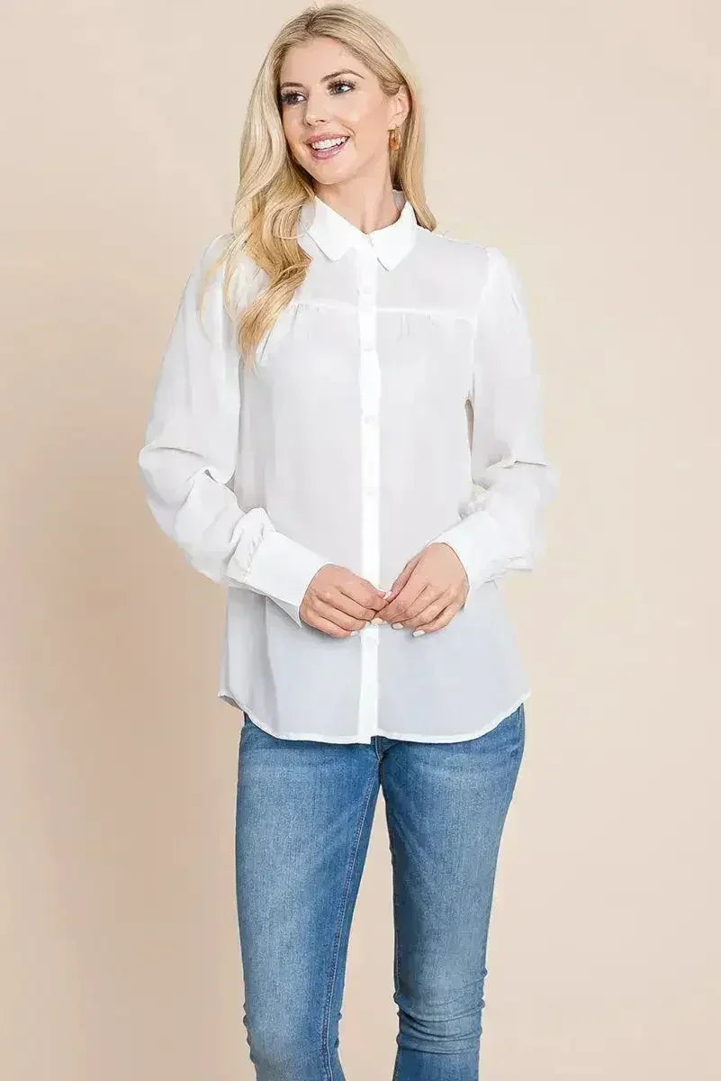 Collared Long Sleeve Pleated Detail Blouse Tops | Femstylo - Femstylo