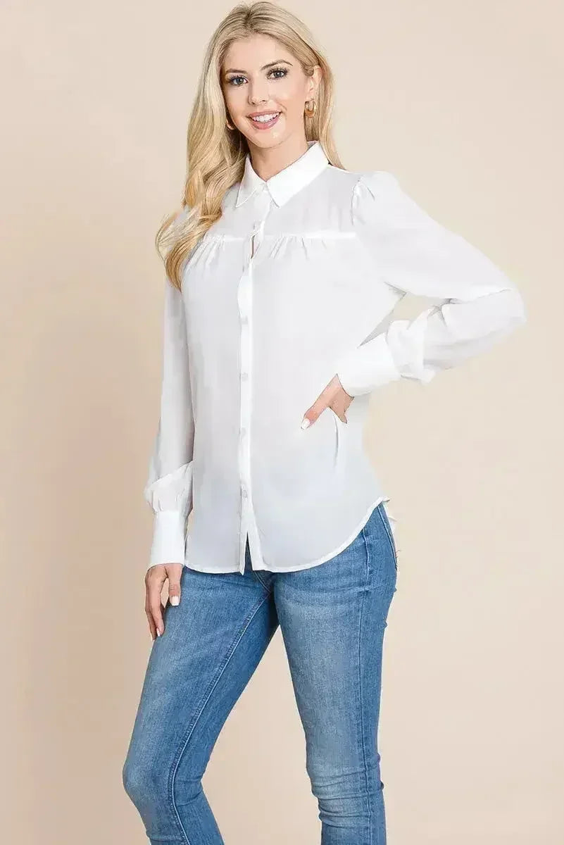 Collared Long Sleeve Pleated Detail Blouse Tops | Femstylo - Femstylo