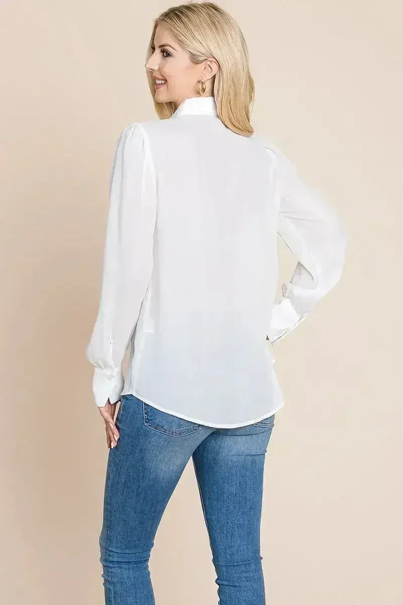 Collared Long Sleeve Pleated Detail Blouse Tops | Femstylo - Femstylo