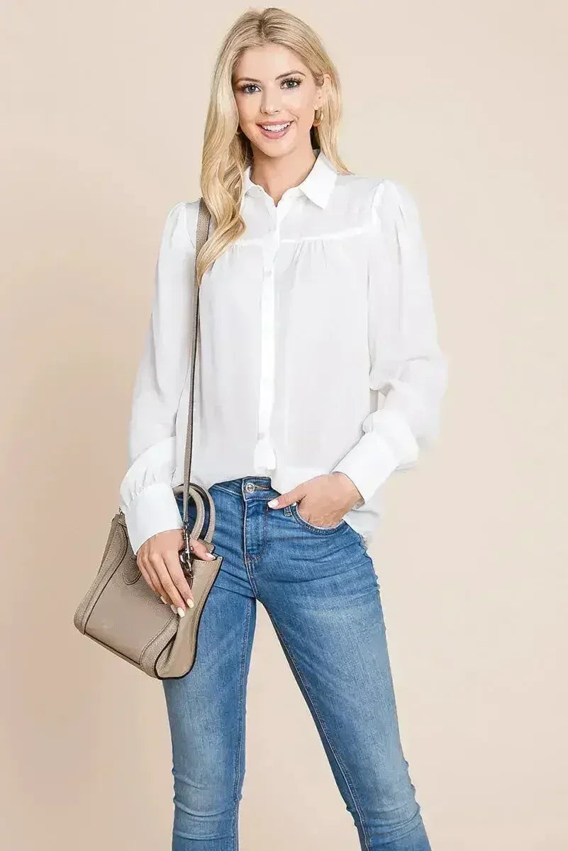 Collared Long Sleeve Pleated Detail Blouse Tops | Femstylo - Femstylo