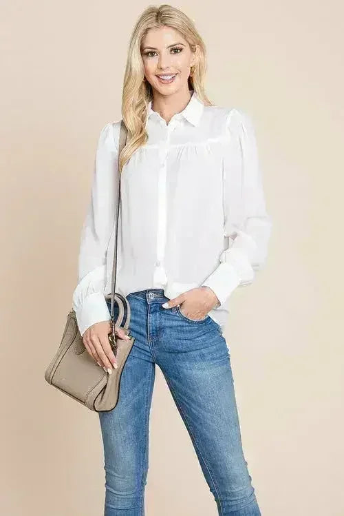 Collared Long Sleeve Pleated Detail Blouse Tops | Femstylo - Femstylo