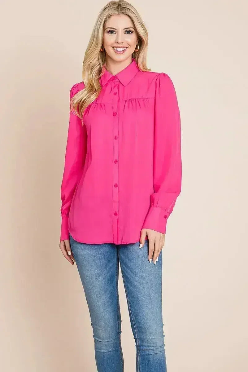 Collared Long Sleeve Pleated Detail Blouse Tops | Femstylo - Femstylo