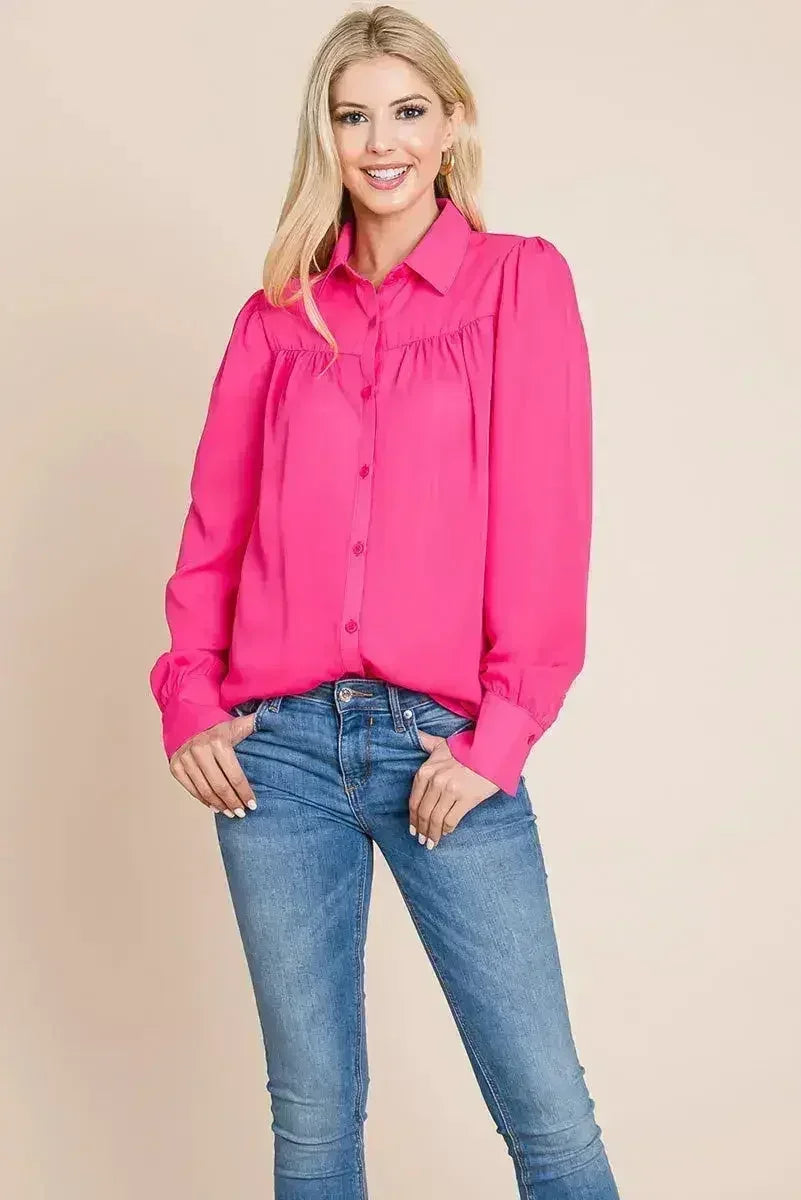 Collared Long Sleeve Pleated Detail Blouse Tops | Femstylo - Femstylo