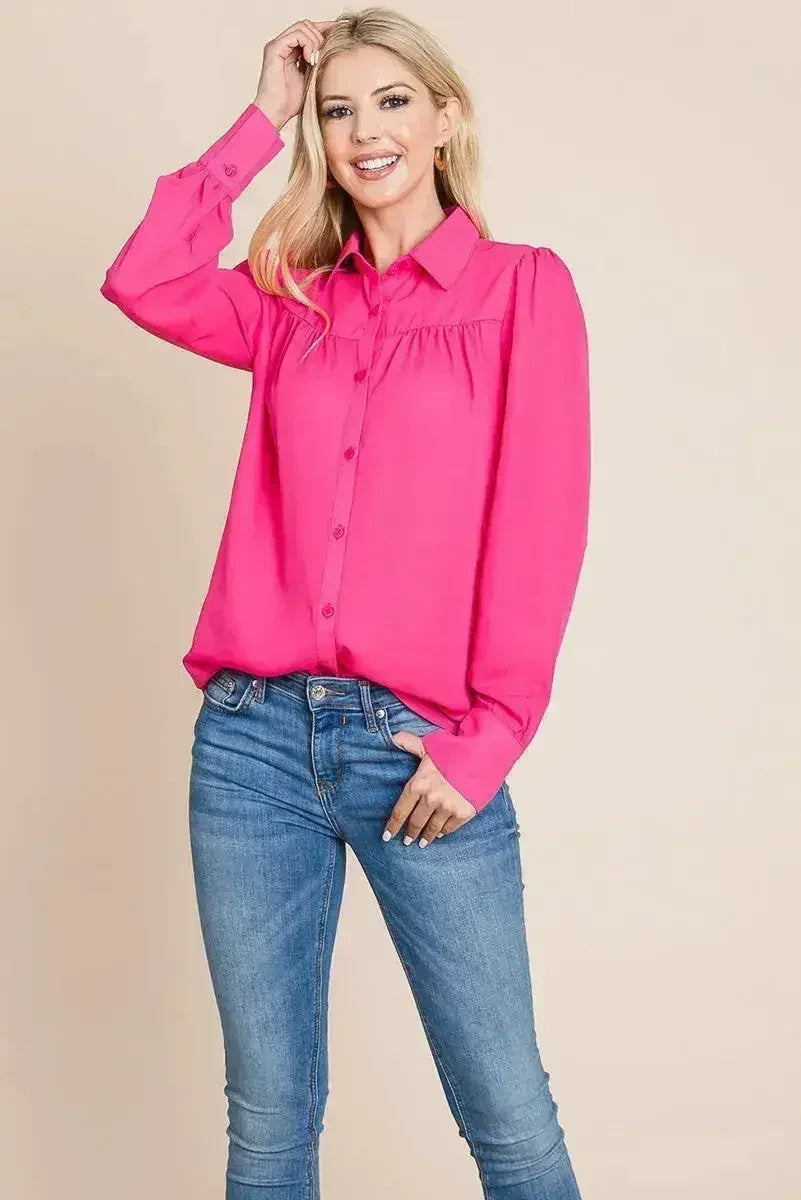 Collared Long Sleeve Pleated Detail Blouse Tops | Femstylo - Femstylo
