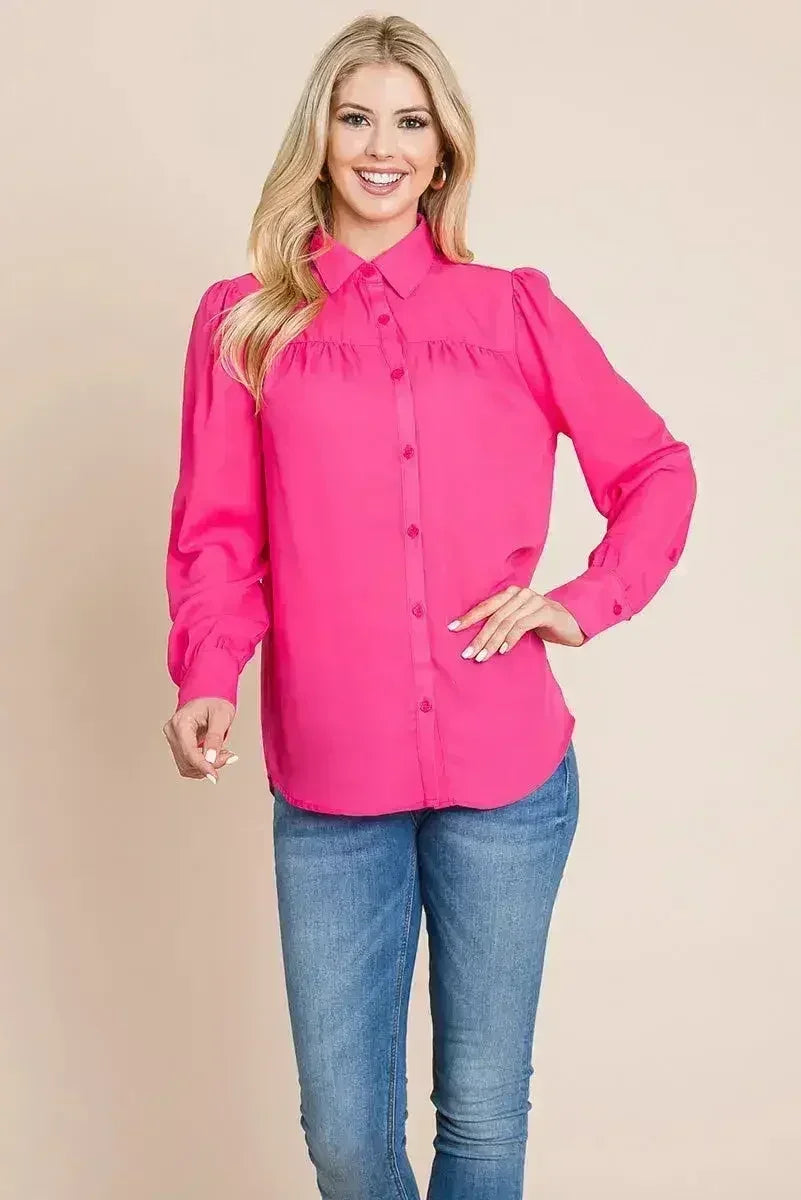 Collared Long Sleeve Pleated Detail Blouse Tops | Femstylo - Femstylo