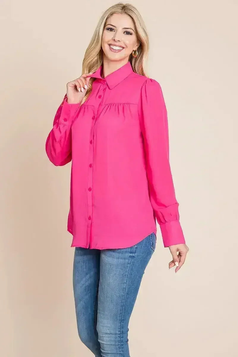 Collared Long Sleeve Pleated Detail Blouse Tops | Femstylo - Femstylo