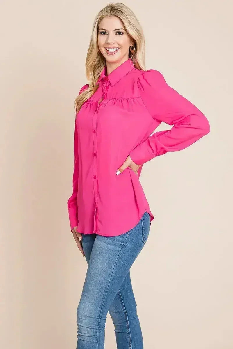 Collared Long Sleeve Pleated Detail Blouse Tops | Femstylo - Femstylo