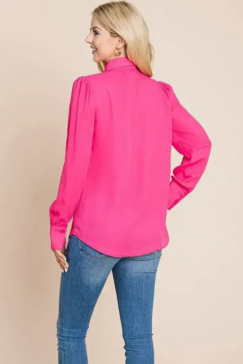 Collared Long Sleeve Pleated Detail Blouse Tops | Femstylo - Femstylo