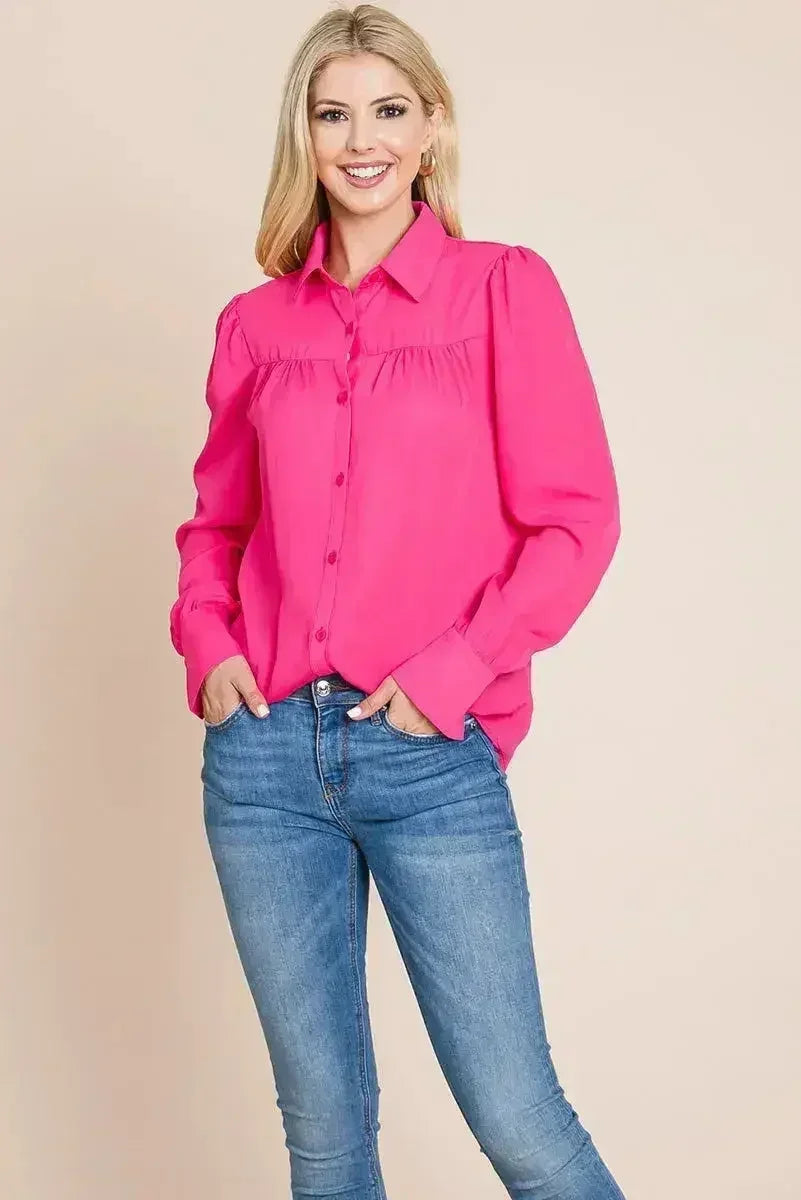 Collared Long Sleeve Pleated Detail Blouse Tops | Femstylo - Femstylo