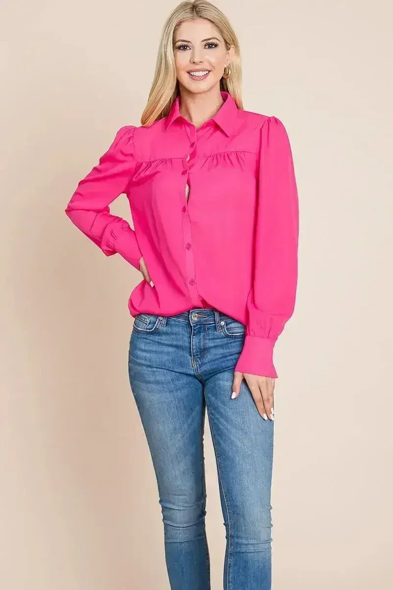 Collared Long Sleeve Pleated Detail Blouse Tops | Femstylo - Femstylo