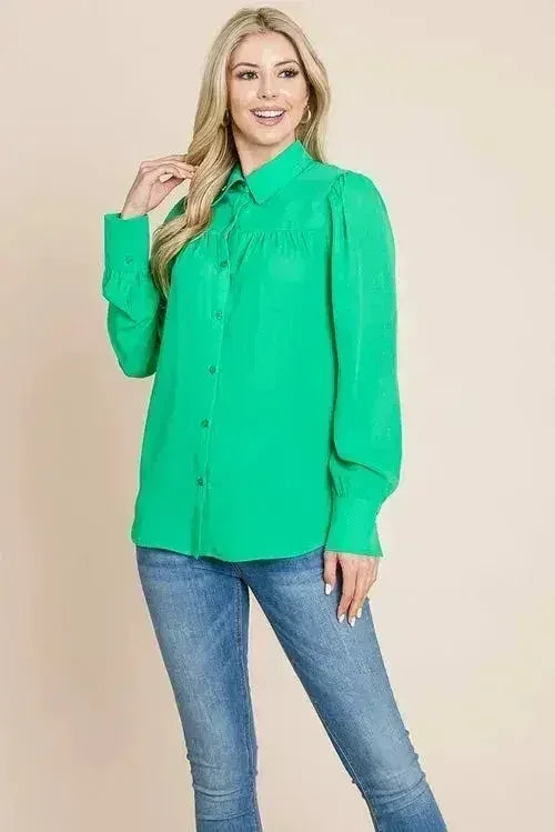 Collared Long Sleeve Pleated Detail Blouse Tops | Femstylo - Femstylo