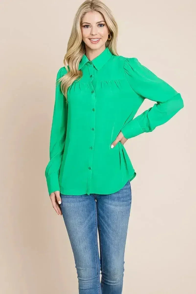 Collared Long Sleeve Pleated Detail Blouse Tops | Femstylo - Femstylo