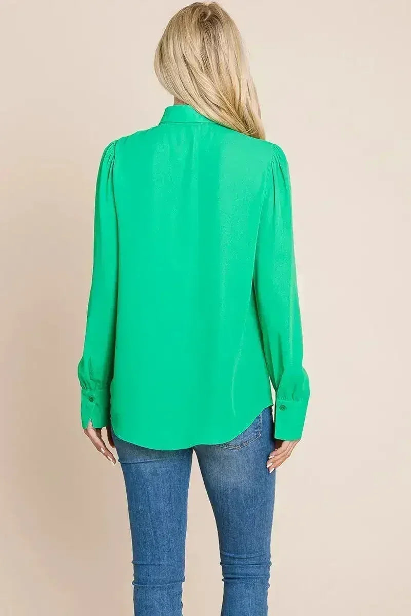 Collared Long Sleeve Pleated Detail Blouse Tops | Femstylo - Femstylo