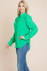 Collared Long Sleeve Pleated Detail Blouse Tops | Femstylo - Femstylo