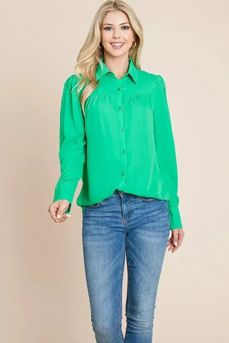 Collared Long Sleeve Pleated Detail Blouse Tops | Femstylo - Femstylo