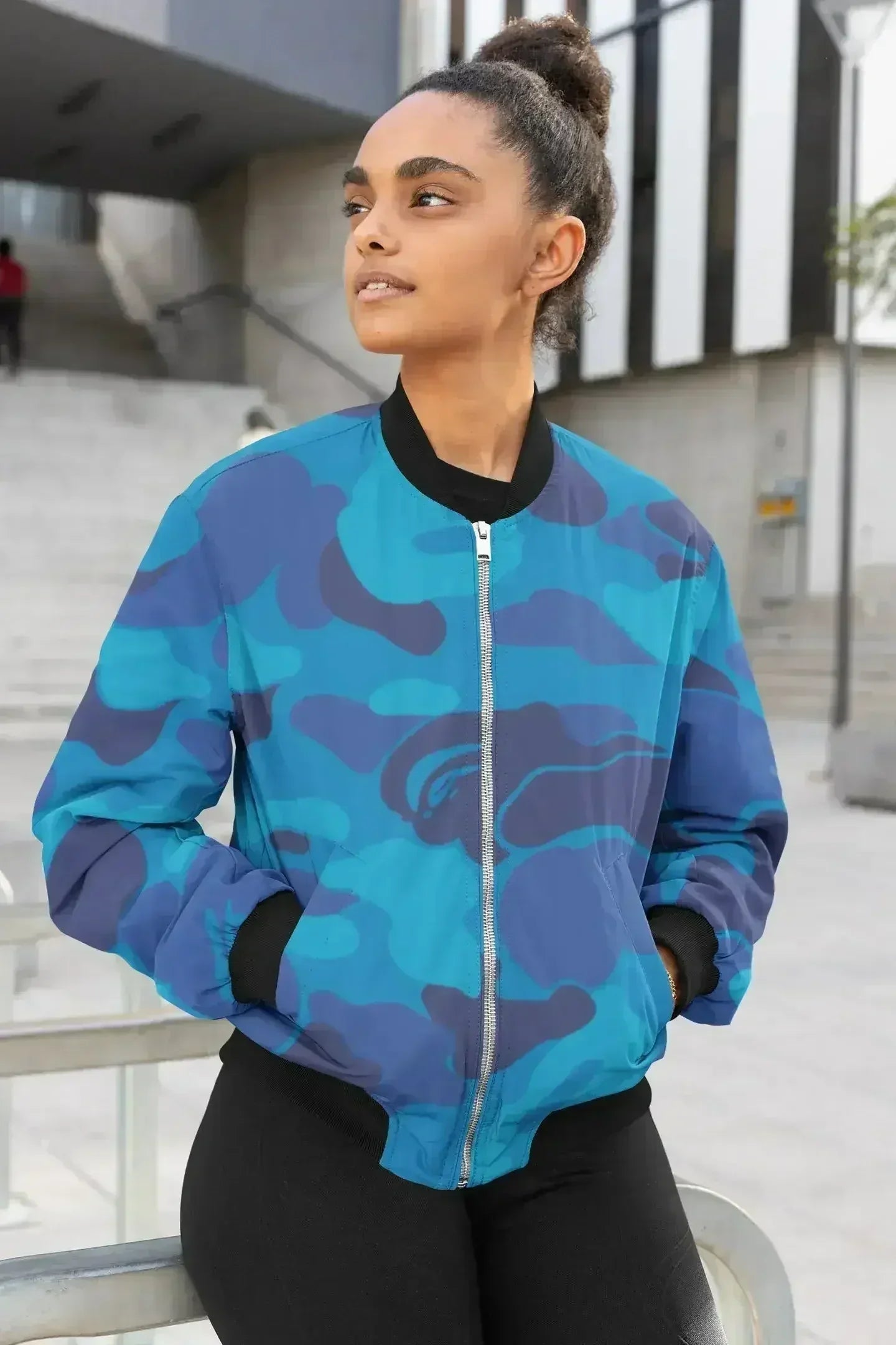 Alpine Blue Retro Female Bomber Jacket - Femstylo
