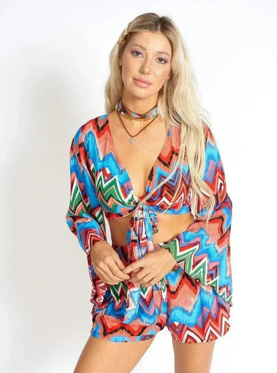 Rainbow Waves Bohemian Front Tying Crop Top - Femstylo