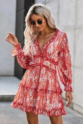 Red Ruffle Detailing Long Sleeve Open Back Floral Dress - Femstylo