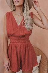 Red Smocked Pocketed Sleeveless V Neck Romper - Femstylo