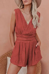 Red Smocked Pocketed Sleeveless V Neck Romper - Femstylo
